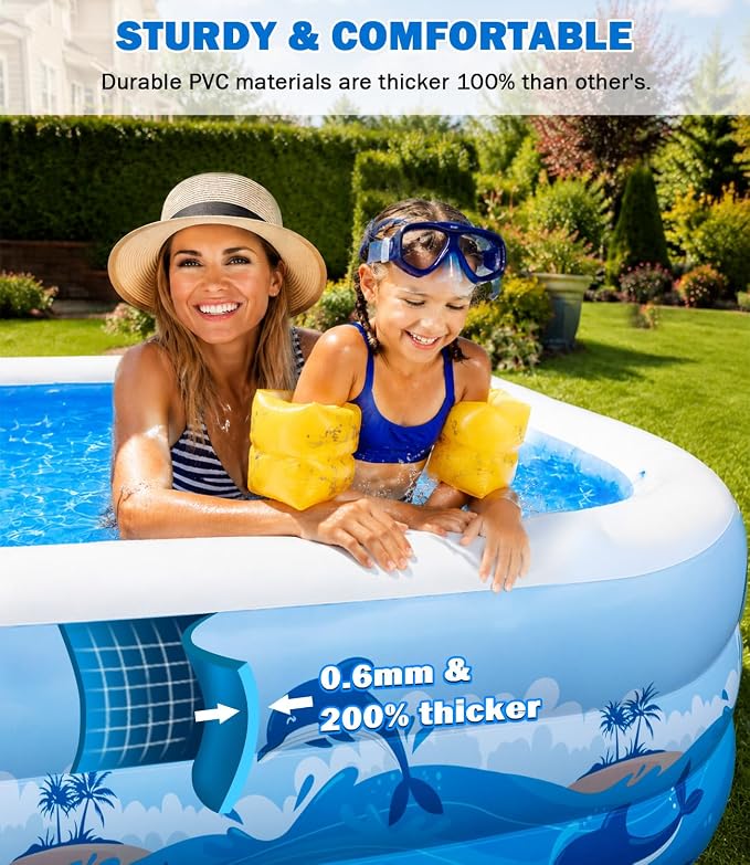 165"x76"x22" Inflatable Pool with Electric Pump, Large Blow Up Family Swimming Pool for Adults & Kids, Thickened Heavy Duty Backyard Water Party Pool