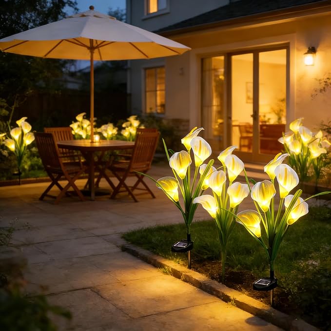 2 Packs Calla Lily Solar Flowers Outdoor Waterproof - Decorative Solar Lights Outdoor for Garden Yard Pathway, Grave Flowers for Cemetery,Mother's Day, Father's Day, Memorial Day & Heaven Birthday