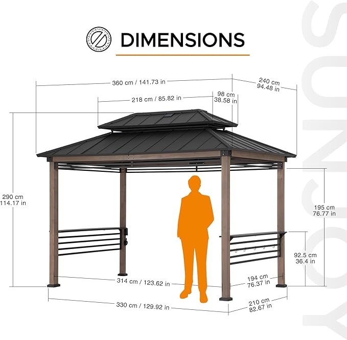 Sunjoy Wooden Grill Gazebo with Solar Power, 8 x 12 ft. Hardtop Gazebo for Year-Round Grilling, Outdoor Cedar Frame Cooking Shelter with Decorative Fence for Backyard BBQs Party, Brown