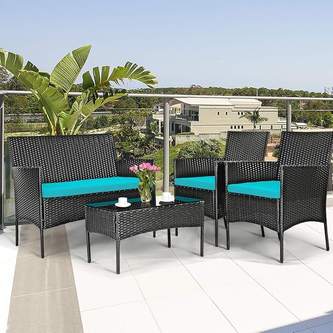 HAPPYGRILL 4 Pieces Patio Furniture Set Rattan Wicker Conversation Set with Tempered Glass Top Table, Outdoor Wicker Sofa Set with Removable Cushions for Poolside Garden Backyard