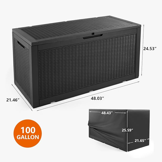 Patio Garden Storage Deck Box, Lockable Outdoor Storage Plastic Bench Box, Waterproof Storage Container Bench Seat (Black, 100 Gallon)