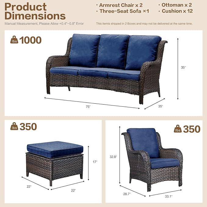 5 Pieces Outdoor Patio Furniture Conversation Set PE Rattan Wicker with a 3-Seater Sofa, 2 Armchairs, 2 Outdoor Ottomans for Yard Backyard (Brown/Navy Blue)