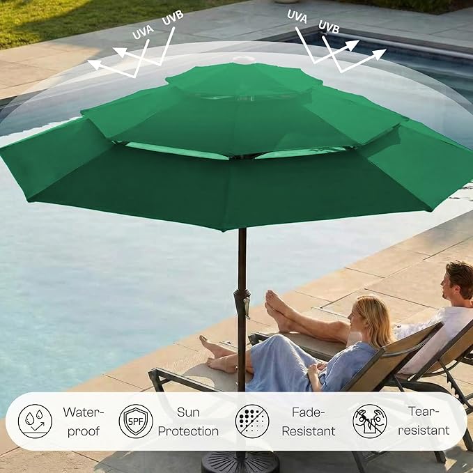 10ft 3-Tier Patio Umbrella with 32 Solar Powered LED Lights, Windproof Outdoor Market Umbrella for Deck, Poolside & Garden, Sturdy Push-Button Tilt Table Umbrella, Forest Green