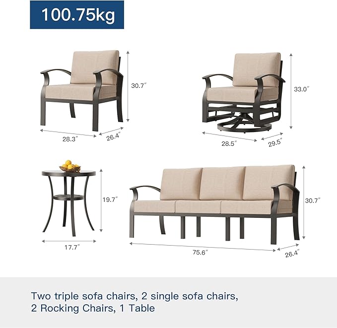 Kullavik Aluminum Patio Furniture Set with Round Coffee Tables,7-seat Metal Outdoor Sectional Furniture w/5.1" Cushions,Patio Conversation Sets with Swivel Chairs for Garden,Backyard,Porch-Sand