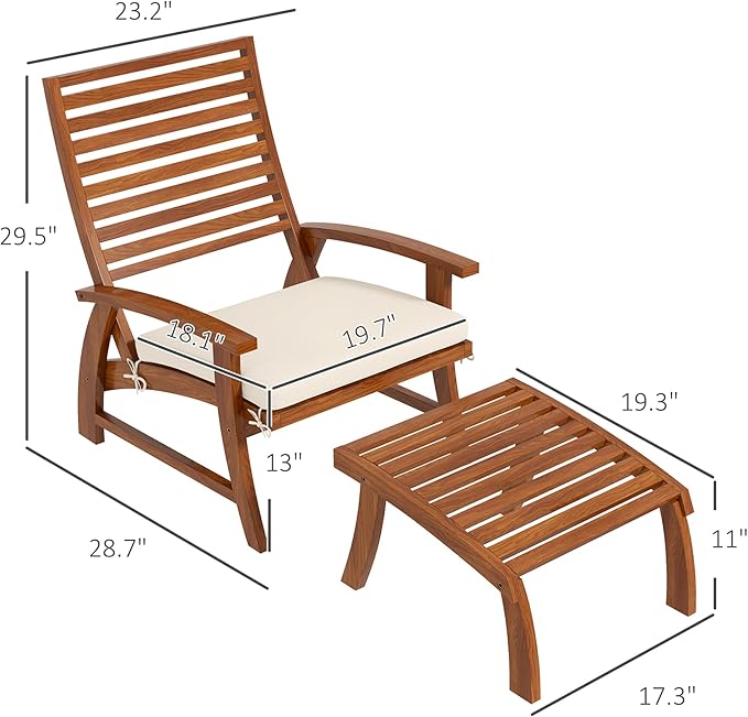 Outsunny 4 Piece Patio Furniture Set, 2 Chairs with Footstools, Outdoor Chair Set for 2 with Slatted Acacia Wood Seat and Backrest, Cushions and Ottomans, Cream White