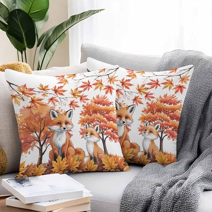 Orange Fox Outdoor Waterproof Pillow Covers, Thanksgiving Maple Leaves Autumn Trees Decorative Square Throw Pillowcase Sofa Cushion Sham for Patio/Couch/Chair, 18"x18" 2 Pack