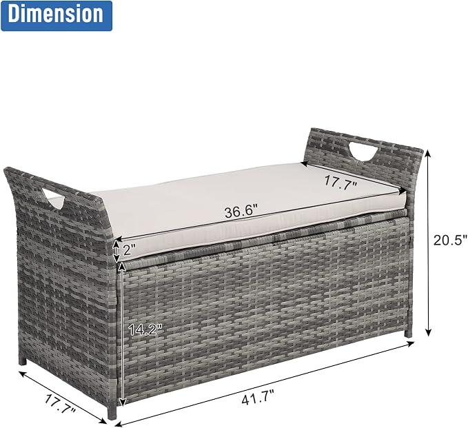 33 Gallon Rattan Wicker Deck Box Bench,Large Indoor/Outdoor Waterproof Storage Cabinet,Resin Rattan Patio Storage Bin,Outside Wicker Storage Container,with Cushion,for Yard Pool Garden Porch (Gray)