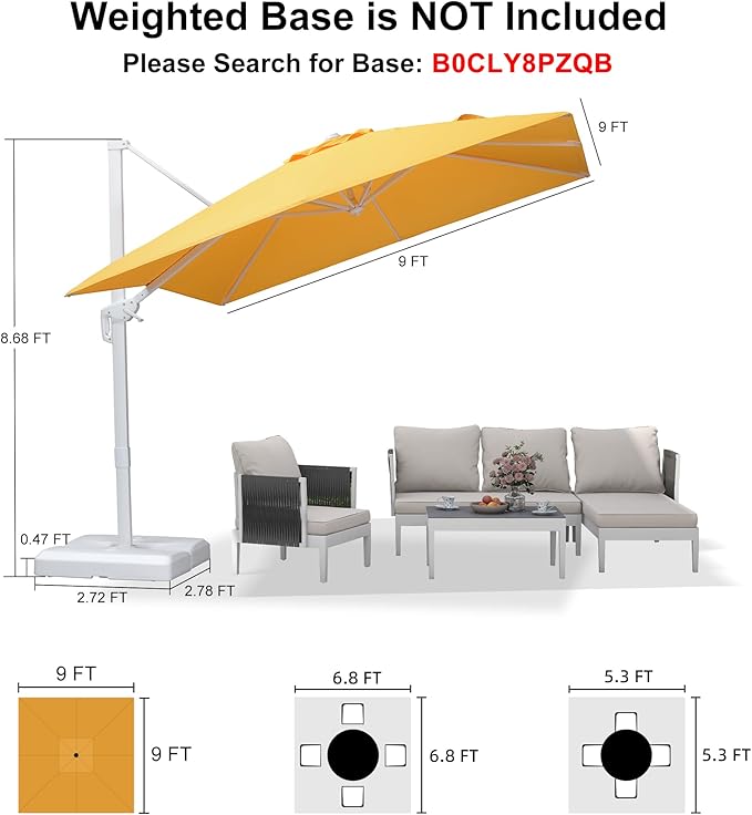 PURPLE LEAF 9 FT Patio Umbrella White Cantilever Umbrella Aluminum Square Outdoor Offset Umbrella Hanging Windproof with 360° Rotation for Garden Deck Pool, Yellow