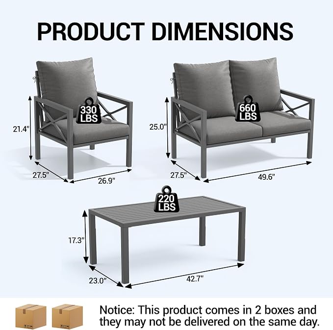 4 Piece Outdoor Patio Furniture Sets, Heavy Duty Metal Conversation Set with Thick Cushions, All-Weather Outside Sectional Sofa with Coffee Table for Backyard, Poolside, Grey