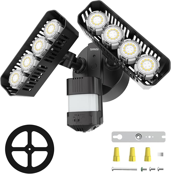 SANSI 7000LM Brightness Motion Sensor Outdoor Lights, 54W 5000K IP65 Waterproof LED Flood Light Outdoor, 700W Equiv Dusk to Dawn Security Lights 72FT Adjustable 2 Head 8 Lights, Yard Garage, Hardwired