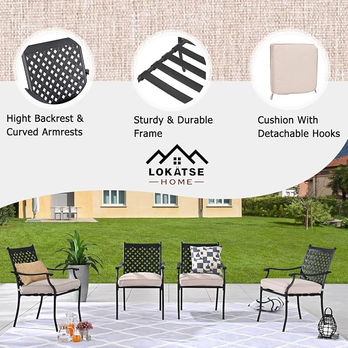 LOKATSE HOME 5 Piece Outdoor Patio Metal Dining Set with 4 Outdoor Iron Arm Dining Chairs with Seat Cushions and 1 Outdoor Dining Table with Umbrella Hole-White