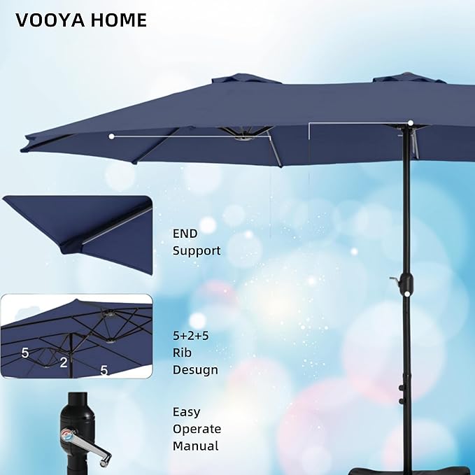 VOOYA HOME 15ft Large Patio Umbrellas Base NOT Included, Outdoor Double-Sided Umbrella with Crank Handle, UV Protective for Pool, Lawn Garden, Backyard (Pole Diameter 1.9 inch) Navy Blue