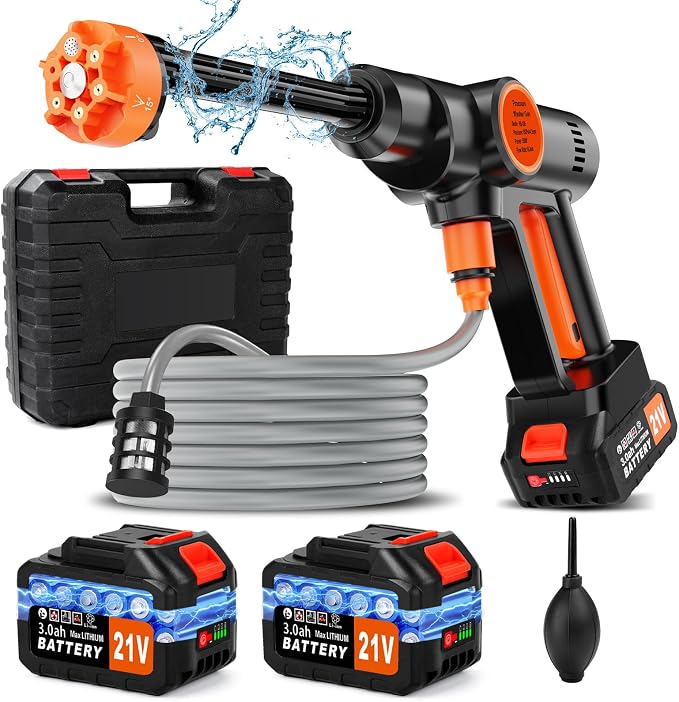 Cordless Handheld Washer Brushless Motor, 6000mAh Battery Operated Car Washer 6-in-1 Nozzle Foam Cannon, Lightweight Water Washer Home Cleaning Tool for Patio Boat Fence Driveway Floor Deck