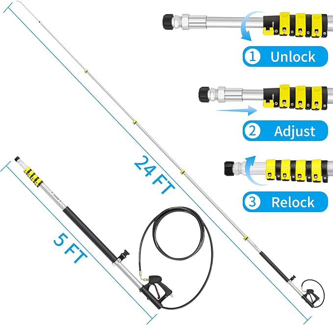 24 FT Power Washer Extension Wand with Turbo Nozzle & Brush Head | Telescoping Pressure Washer Extension Wand, Aluminum Solar Panel Cleaner Pole, 7 Nozzle Tips, 3 Adapters & Harness