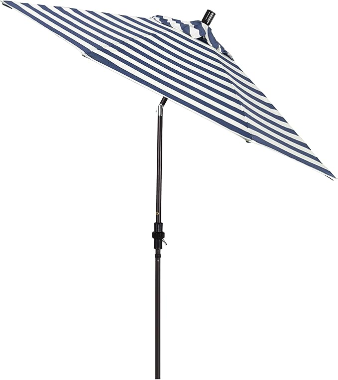California Umbrella 9' Round Aluminum Patio Umbrella, Crank Lift, Collar Tilt, Bronze Pole, Navy/White Stripe Olefin