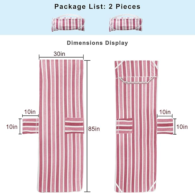 Lounge Chaise Chair Towel Cover, Pack of 2,Ultra Plush & Absorbent Micro Fleece Towel Cover for Pool,Beach,Outdoor(Garden, Courtyard) | Faster Drying,Non-Slip, 2 Side Pockets | 85" x 30"-Pink