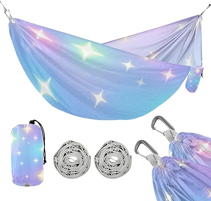 Childish Neon Star Gradient 330lb Capacity Camping Hammocks with Tree Straps Indoor Hammock for Camping Travel Accessories hamaca con soporte para adultos