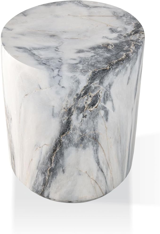 24/7 Shop at Home Ranera Modern 14-inch Natural Stone Side Table with Round Drum Base, Marble Nightstand, Patio End Table, for Living Room, Covered Outdoor Spaces, Balcony, Blue Gray Marble