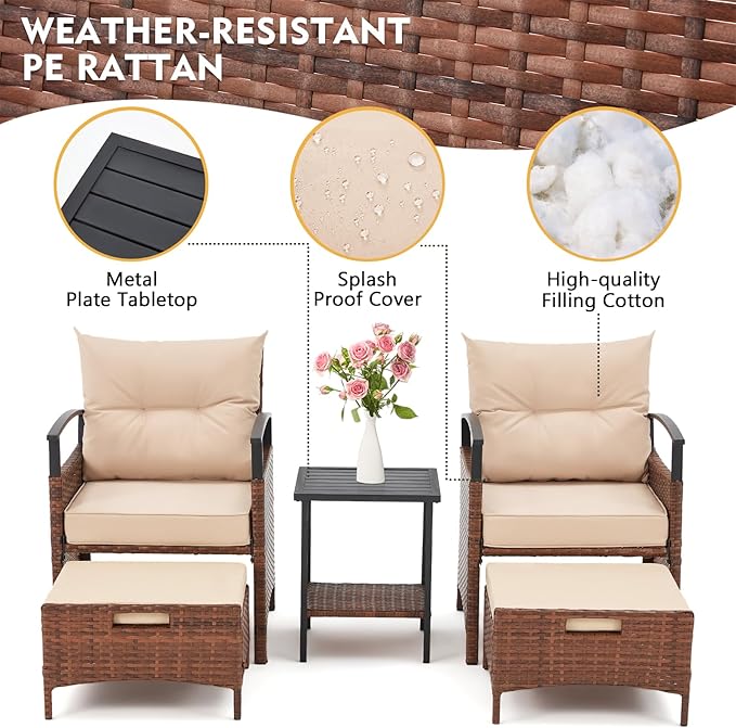 AVAWING 5 Pieces Patio Furniture Set, Outdoor Rattan Chairs with Metal Coffee Table, Ottomans & Soft Cushions, Wicker Conversation Bistro Set for Garden, Deck, Balcony, Poolside(Beige)