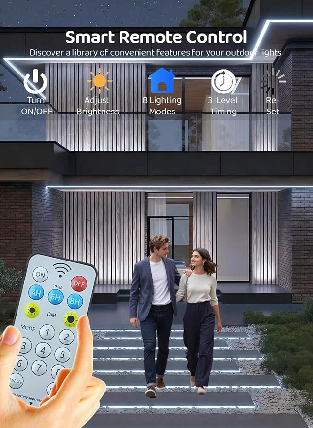 Gaoxun 32.8ft Solar LED Strip Lights Outdoor, 640 LED, Cool White Flexible Rope Light with Remote Control, Dimmable, 8 Modes, IP68 Waterproof Self-Adhesive Accent Lighting for Patio Pool Stair Decor