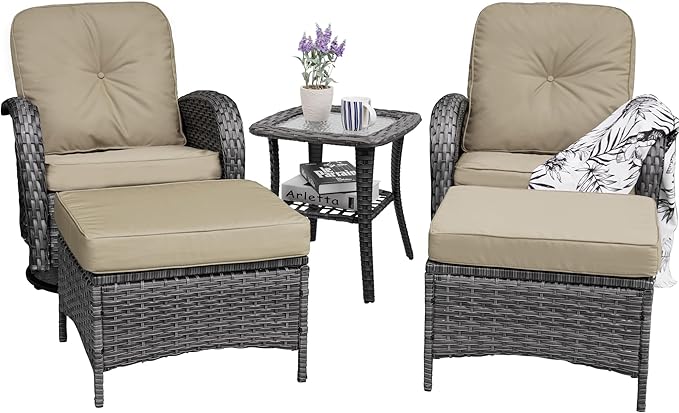 Patio Furniture Conversation Set with Ottomans, 5 Piece Wicker Patio Swivel Rocking Chairs with 360° Swivel Glider and Glass Coffee Table for Porch, Deck, Garden,Beige