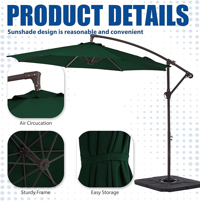 10FT Patio Umbrella, Outdoor Offset Cantilever Umbrella with Sturdy 8 Ribs, Easy Tilt Adjustment for Backyard Pool Garden,Green
