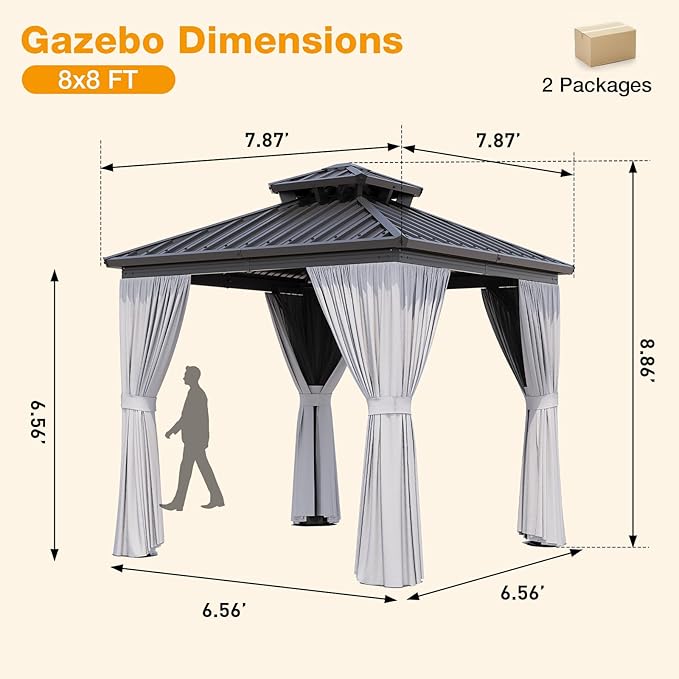 8x8FT Hardtop Gazebo, Metal Frame with Double Galvanized Steel Roof, Permanent Outdoor Pergola with Curtains and Netting Included for Backyard, Patio, Lawn and Garden, Gray