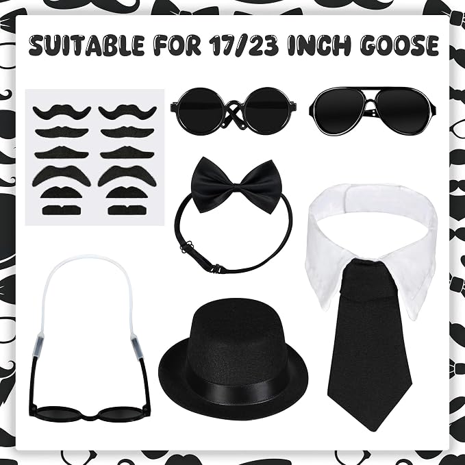 Porch Goose Statue 7pc Accessory Combination Set, Gentleman Goose Accessories Kit with Top Hat Bow Tie Sunglasses Strap for 23 Inch Goose, Black Formal Style Yard Decor (Black Formal 7PC)