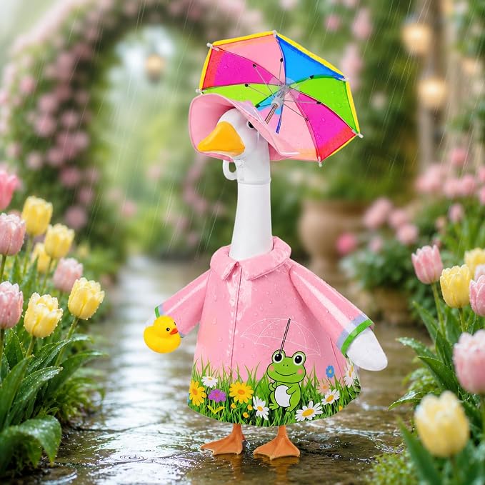 GJL Porch Goose Raincoat Outfit Fits 23 Inch Plastic Cement Goose Statue, Lawn Goose Clothes Set with Umbrella and Hat for Spring Summer Outdoor Yard Garden Decor (Pink-01)