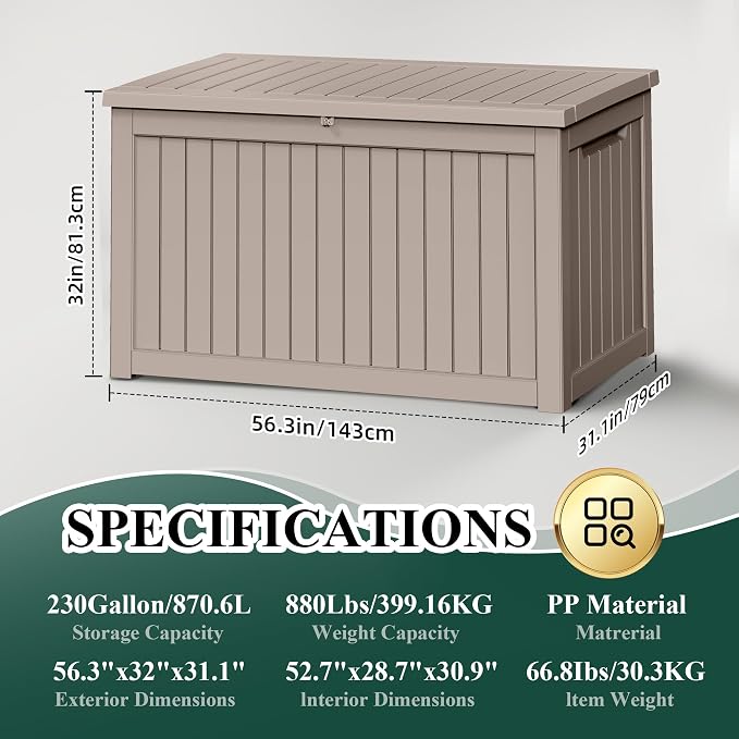 230 Gallon Waterproof Outdoor Resin Deck Box with Lockable Lid,Minimalist Wood Grain Pattern, Easy Assembly Features and Convenient Handles For Cushion, Pillows and other Patio Furniture(Grey)