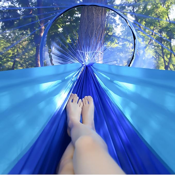 LFL Camping Hammock with Mosquito Net, with Tree Straps Carabiners, 1 & 2 Persons Outdoor Portable Tree Straps Swing Hammock, Nylon Parachute Outside Material Hammocks with Net, Blue