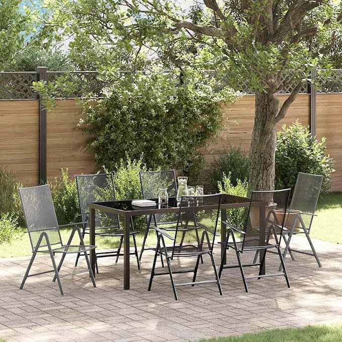 7 Piece Garden Dining Set, Anthracite Powder-Coated Steel Patio Furniture, Foldable Outdoor Table and 6 Chairs, Adjustable Height Dining Table for Backyard, Deck, and Lawn