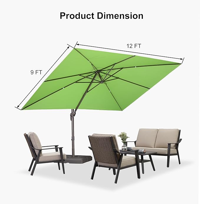 PURPLE LEAF 9' X 11.5' Rectangle Cantilever Umbrella with Base Patio Umbrella Outdoor Aluminum Antique Bronze Offset Hanging Umbrella with 360-degree Rotation for Pool Garden Backyard Deck, Green