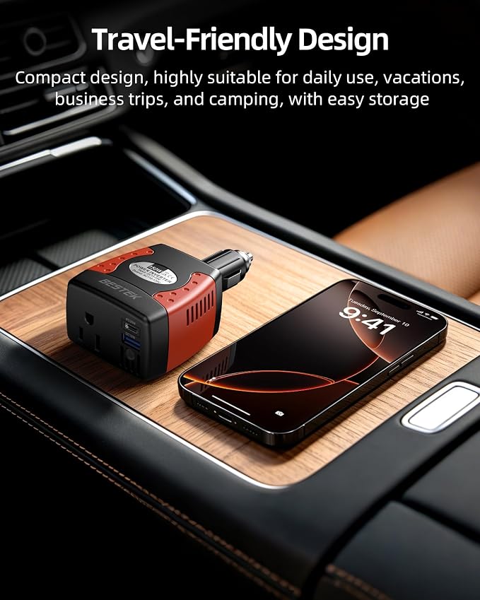 BESTEK 150W Power Inverter 12V to 110V Voltage Converter Car Charger Power Adapter with PD30W QC18W Dual USB Charging Ports