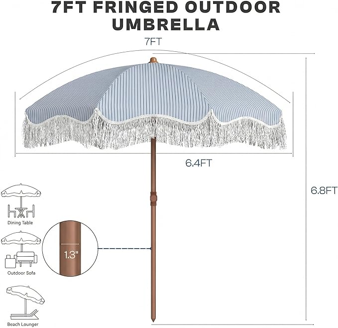 7FT Patio Umbrella with Fringe, Outdoor Tassel Umbrella with Fiberglass Ribs, Boho Beach Umbrella, Push Button Tilt and Carrying Bag, UPF50+
