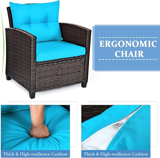Modern Turquoise 3-Piece Wicker Patio Furniture Set with Water-Resistant Cushions & Tempered Glass Table