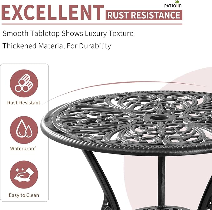 3 Piece Outdoor Bistro Set, Rustproof Outdoor Patio Furniture, Cast Aluminum Bistro Table Set with Umbrella Hole for Backyard, Balcony, Front Porch, Lawn, Pool (Black)