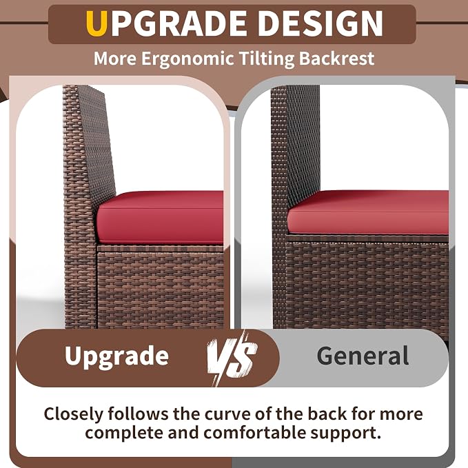 Patio Furniture with Fire Pit Table,8‘’ Wide armrest Outdoor Sectional Rattan Sofa Set, Wicker Patio Furniture Sets w/Coffee Table,Thick Cushions and Cover for Porch, Deck, 9 PC(Brown&Wine)