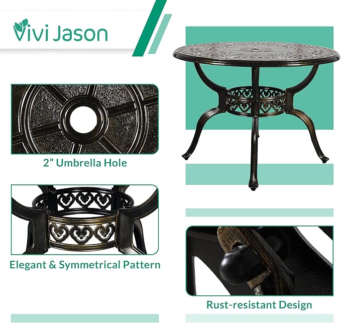 VIVIJASON 5-Piece Patio Furniture Dining Set, All-Weather Cast Aluminum Outdoor Conversation Set, Include 4 Chairs and 1 Round Table w/Umbrella Hole for Balcony, Lawn, Garden, Backyard