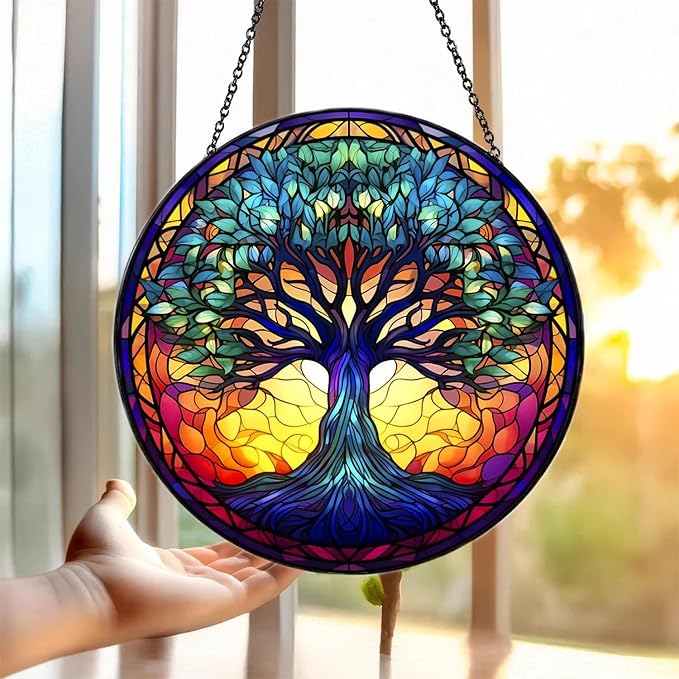Tree of Life Suncatcher Stained Glass Window Hanging | 7.9 in, Catcher, Garden Decor