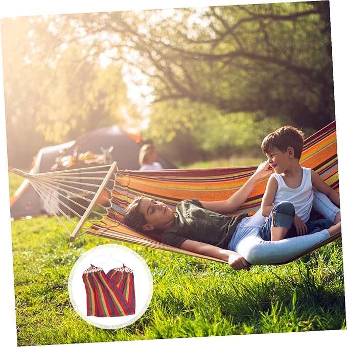 BESTonZON Single Person Striped Canvas Hammock for Outdoor Travel and Camping, Rainbow Pattern with Anti-tip Design, Cotton Fabric Leisure Swing for Patio and Garden