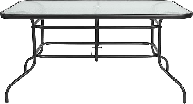 Flash Furniture Lila 5 Piece Patio Dining Set - 55" Tempered Glass Patio Table with Umbrella Hole - 4 Black Metal Aluminum Slat Stack Chairs