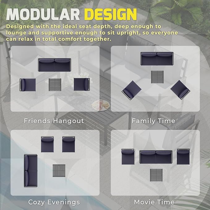 AECOJOY Aluminum Patio Furniture Set 8 Seats Outdoor Sectional Couch with Coffee Central Table Patio Conversation Sets for Porch Deck (Dark Blue, 8PCS, 8 Seat)