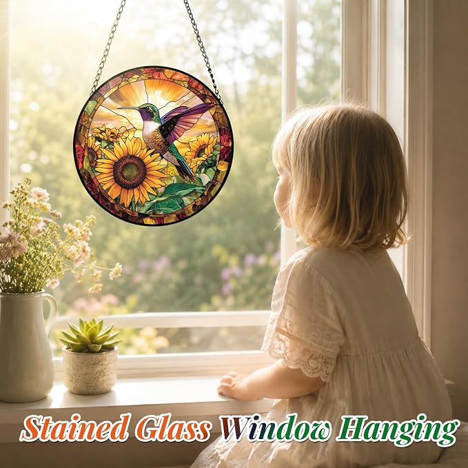 Stained Glass Hummingbird Suncatcher Window Hanging Flowers Gifts for Mom | 6.3in Garden Sun Catcher, Sunflowers Sunrise Ornament for Door Home, Gift for Bird Lovers Grandma & Mother's Day Christmas