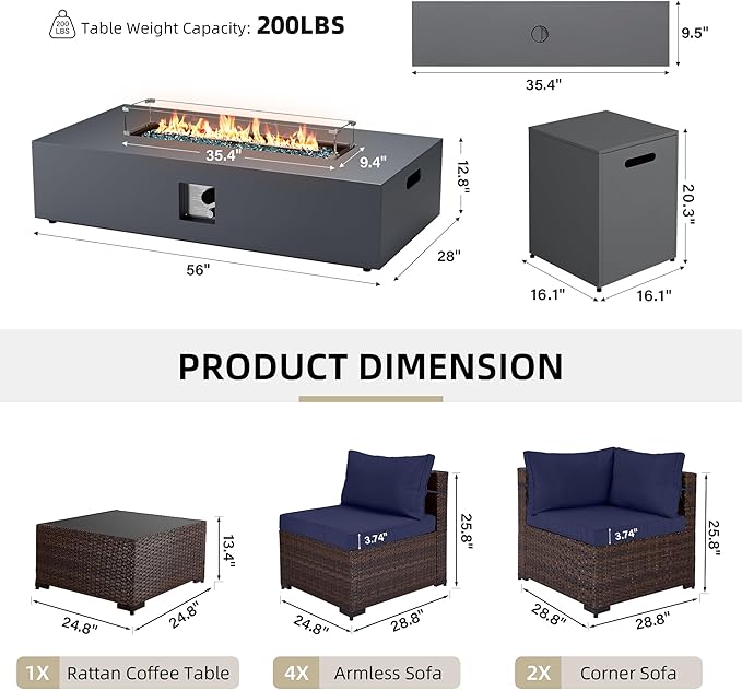 UPHA 9 Pieces Patio Furniture Sets, Wicker Outdoor Sectional Sofa Couch with Rectangle Propane Pit for Deck Backyard Garden, Brown Rattan, Navy Blue Cushion