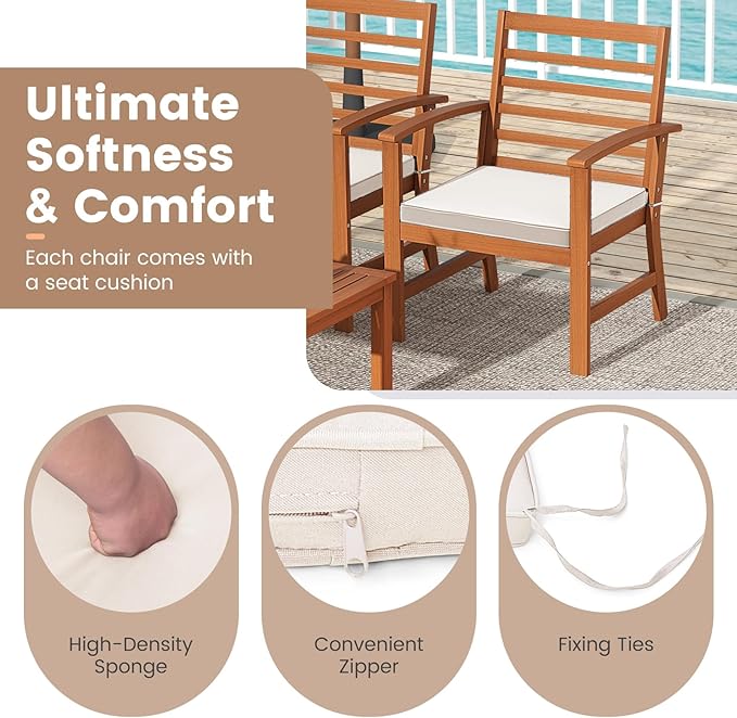 Tangkula 4 Pieces Outdoor Furniture Set, Acacia Wood Conversation Set w/Soft Seat Cushions, Stable Acacia Wood Frame, Patio Sofa & Coffee Table Set for Backyard, Porch, Poolside (White)