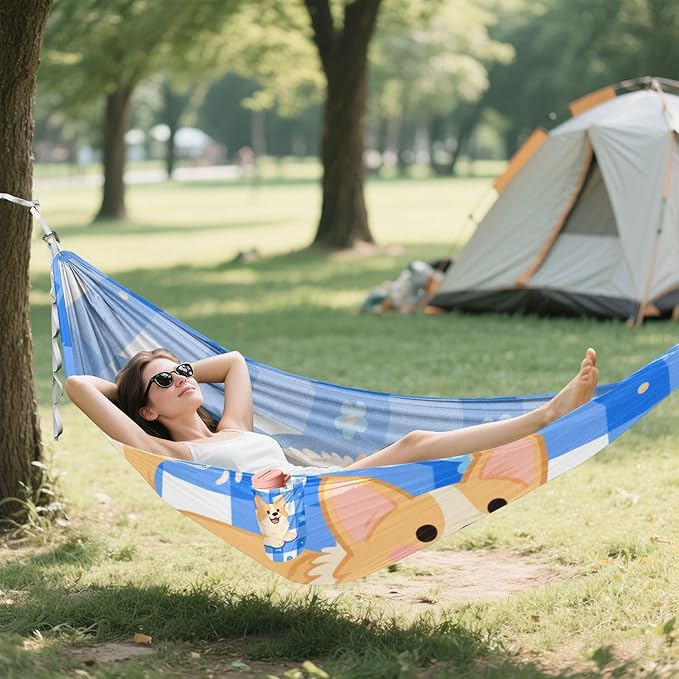 Cartoon Dog Blue White Grid 330lb Capacity Outdoor Hammocks with Portabl Carry Bag Backyard Hammock for Patio Backyard Lounge Base Silla hamacas para adultos