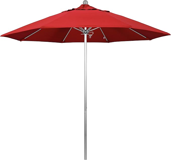 California Umbrella 9' Round Aluminum/Fiberglass Umbrella, Push Open, Silver Pole, Sunbrella Jockey Red