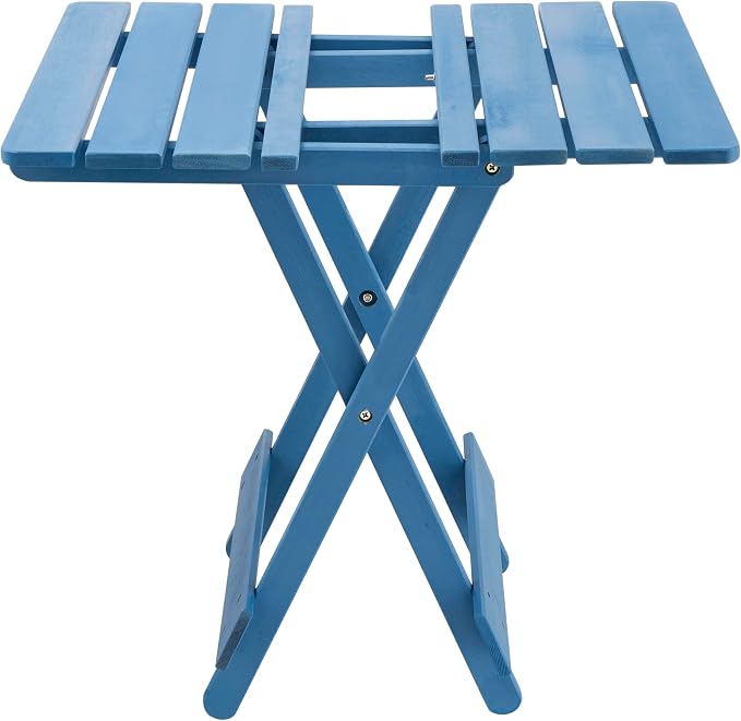 Foldable Solid Wood Side Table, Space Saving Outdoor Square Folding Patio Snack End Table, Fully Assembled Quick Fold Side Tables for Camping, Picnic, Backyard (Blue)