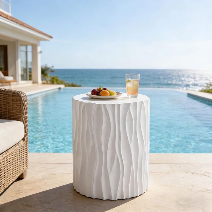 Christopher Knight Home Polaris Modern Outdoor Fluted Side Table, Round MGO Patio End Table, Lightweight Concrete Coffee Table, Garden Stool, Accent Table for Garden Balcony Poolside, White